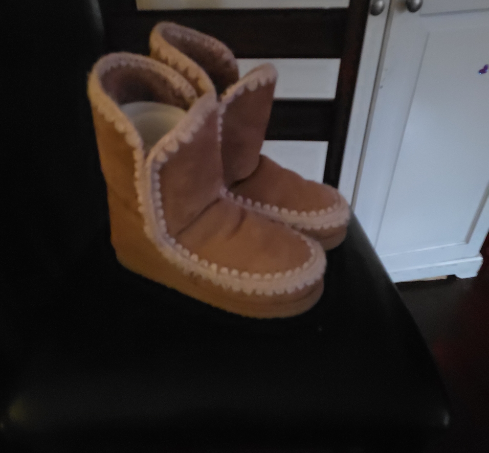 Mou Tan Suede-Look Wedge Boots with Cream Trim
